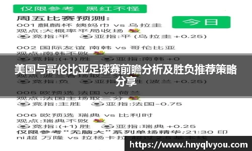 美国与哥伦比亚足球赛前瞻分析及胜负推荐策略分享